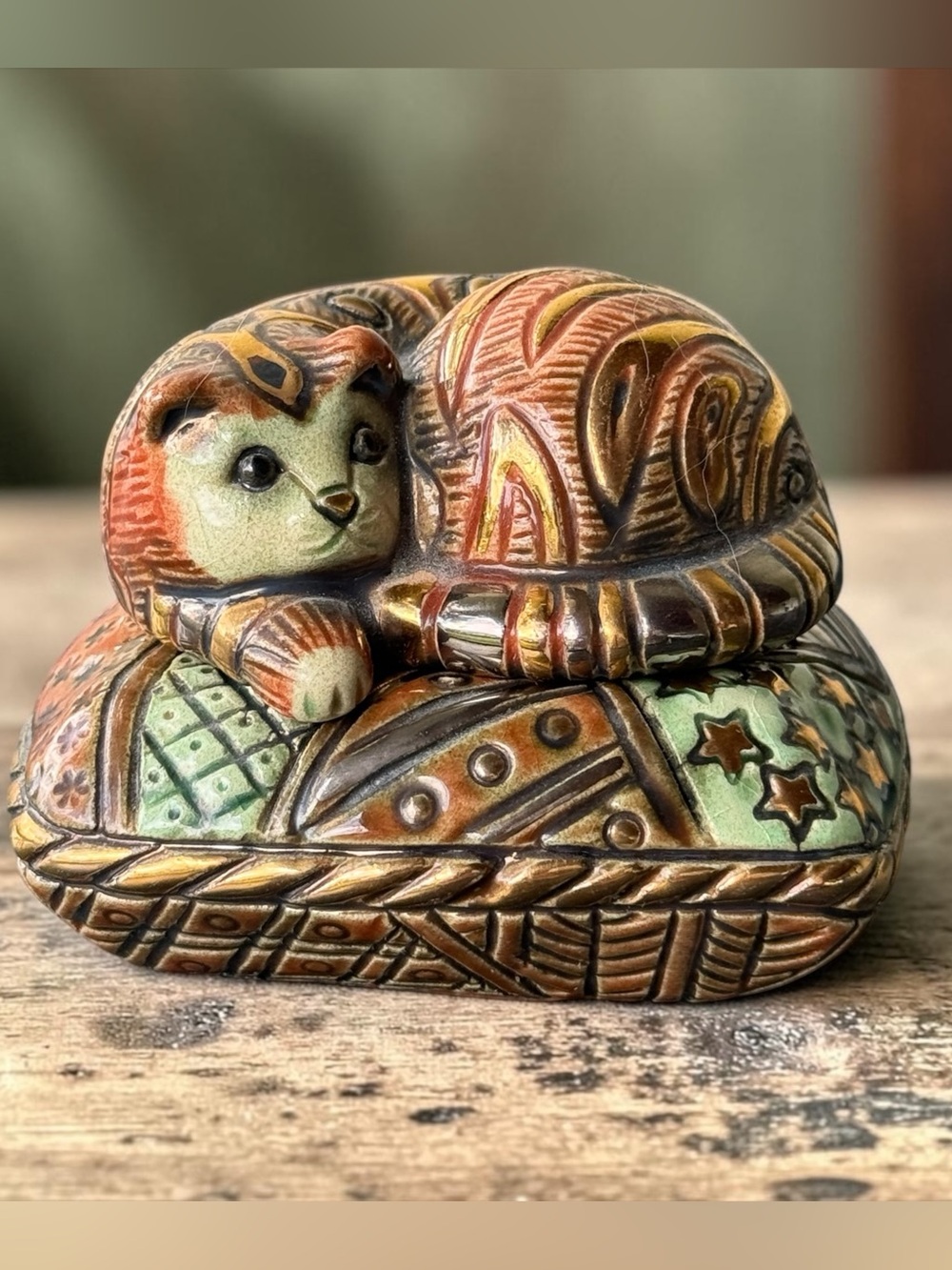 Rare Artesania Rinconada Ceramic Kitten Trinket Box with Felt Bag